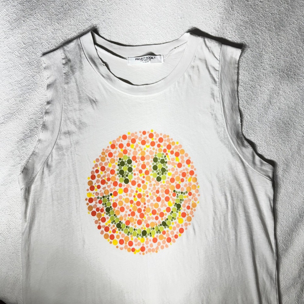 Project Social T Womens White Smiley Face Color Blind Graphic Muscle Tank Top XS